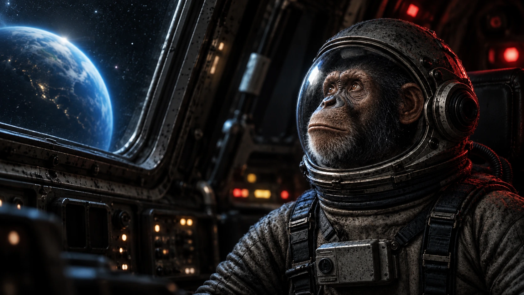 KAMROK’s chimp astronaut looking towards Earth from a spacecraft