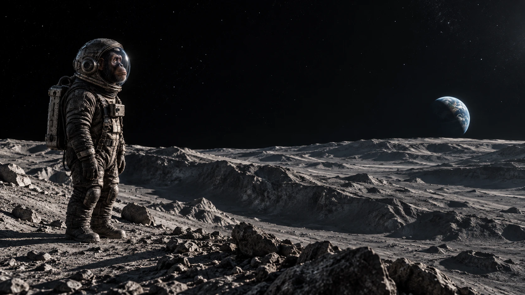 KAMROK’s astronaut chimp exploring a moon landscape with Earth on the horizon
