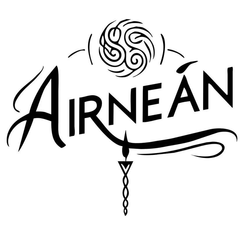 Airneán logo in black on white, showing the custom lettering, moon and candle silhouette