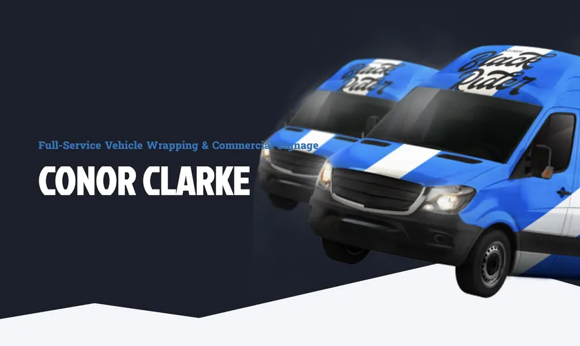 Conor Clarke vehicle wrapping and commercial signage presentation with blue vans