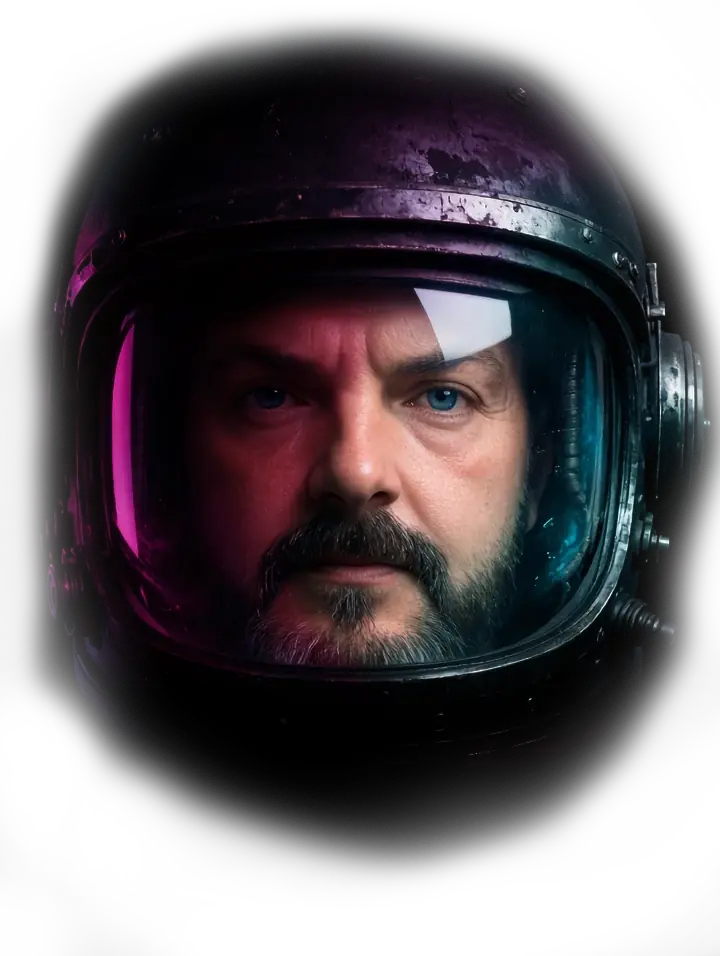 Cormac McCann in an astronaut helmet, lit in ruby and cyan