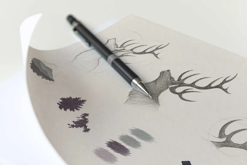 McKevitt’s stag identity studies and colour explorations on paper beside a pencil.