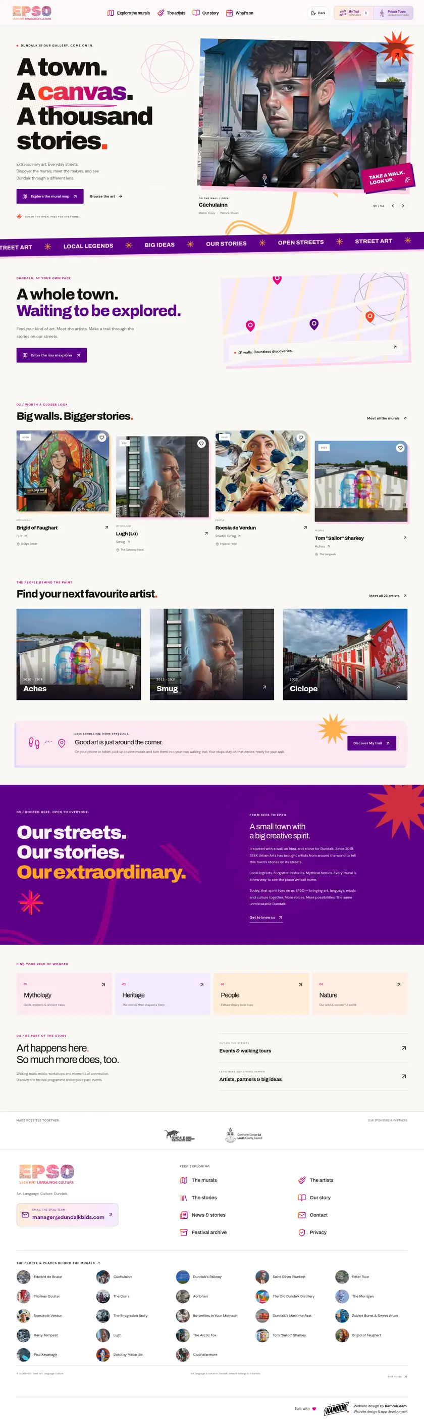 Full EPSO desktop homepage showing the connected art, artist, trail, story and visitor sections