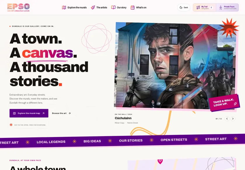 EPSO desktop homepage with routes to the mural map and art collection