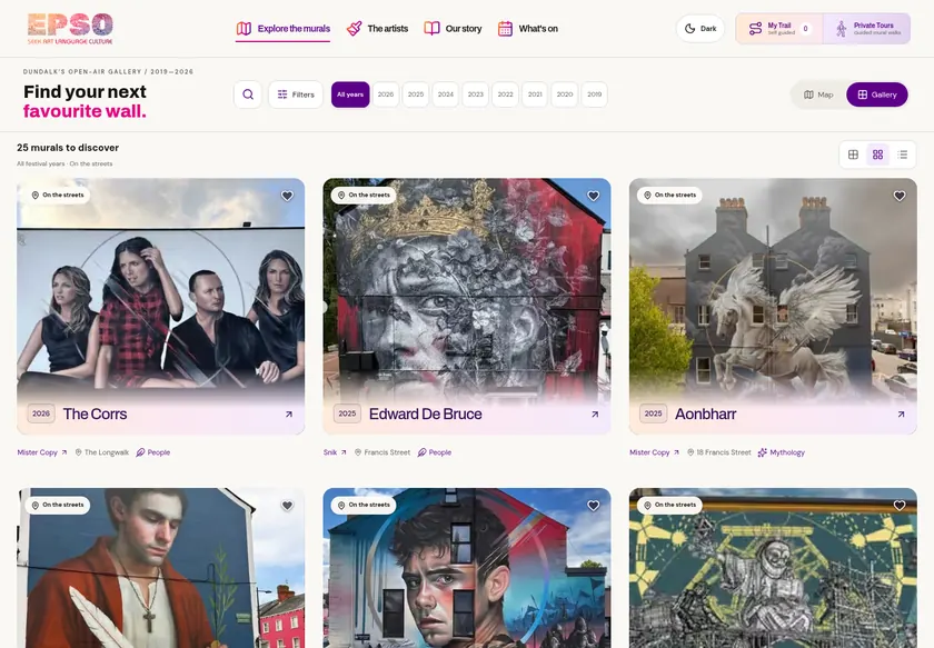 EPSO desktop mural gallery with search, year filters and alternative layout controls