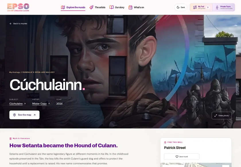 Cúchulainn mural page showing Mister Copy, the year, the story and a route to the map