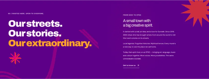 Purple EPSO story section with the headline Our streets, our stories, our extraordinary