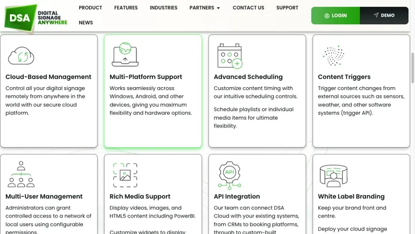 DSA Cloud — Software capabilities explained through a clear feature grid.