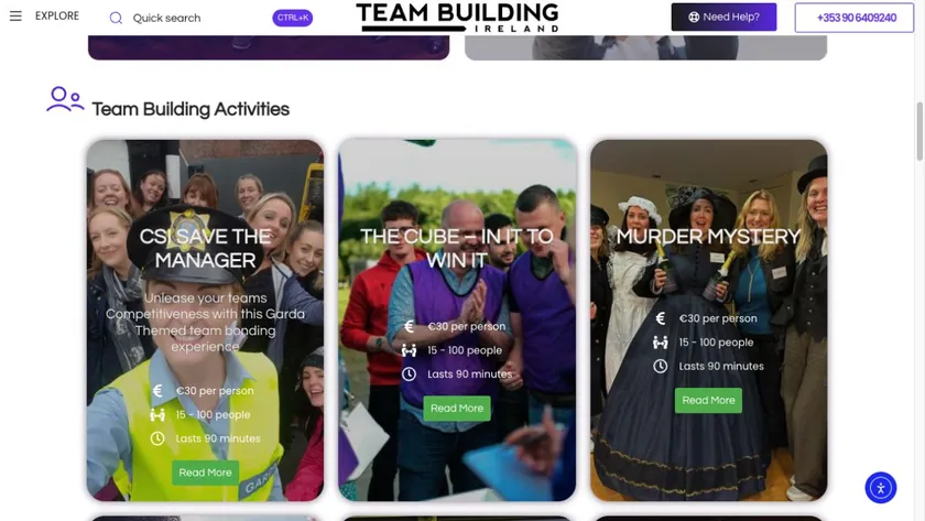 Team Building Ireland — Activities presented as an easy-to-browse catalogue.