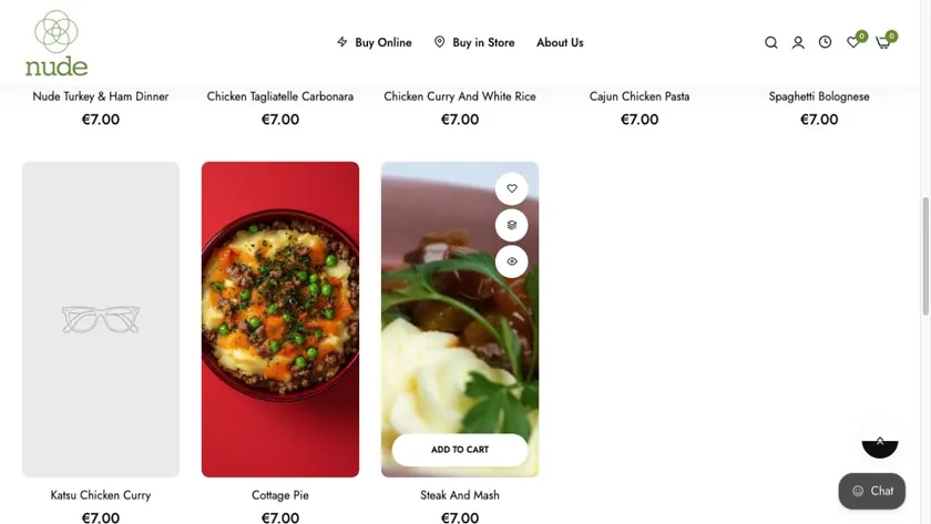 Nude Foods — Meal choices, product prices and shopping controls.