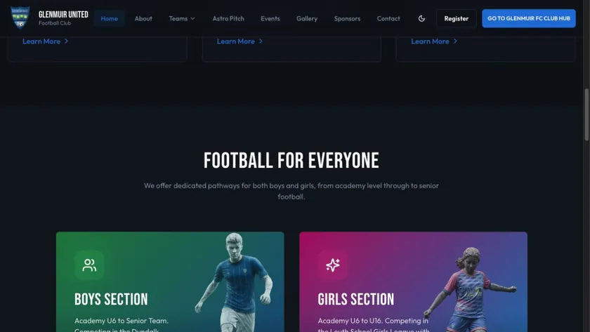 Glenmuir FC — Club sections bring players and families into the site.