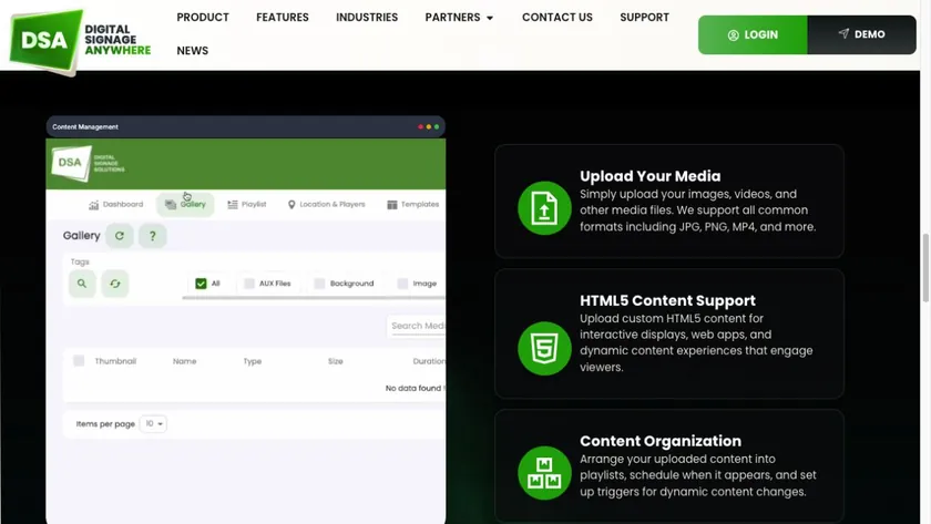 DSA Cloud — Interface previews show how media and content are managed.