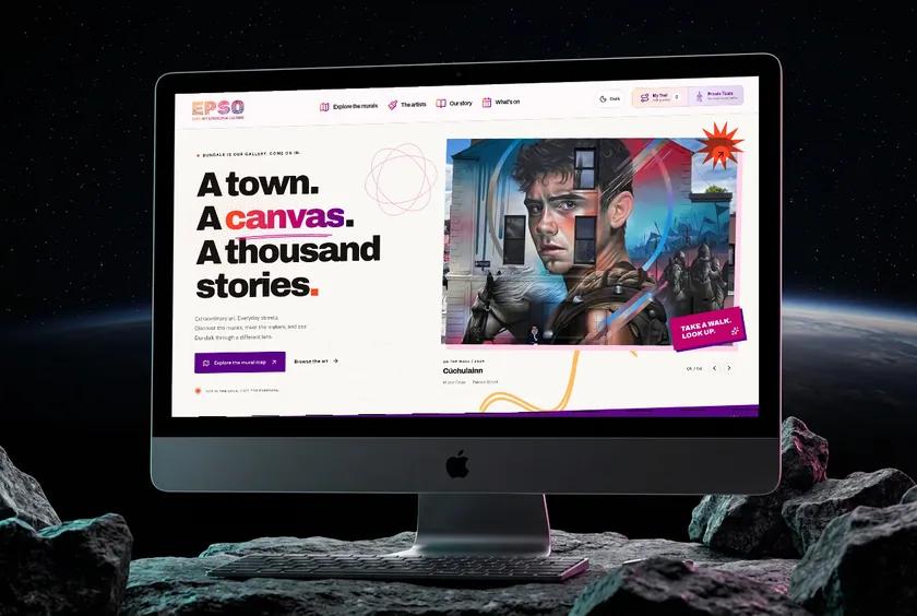 EPSO homepage displayed on a graphite and chrome iMac against a dark studio background