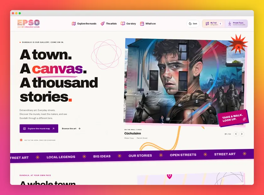 EPSO homepage in a browser frame, with bold typography, colourful accents and the Cúchulainn mural