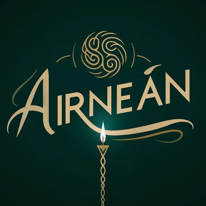 Airneán logo in gold on deep green, with Celtic moon knotwork and a candle beneath flowing lettering