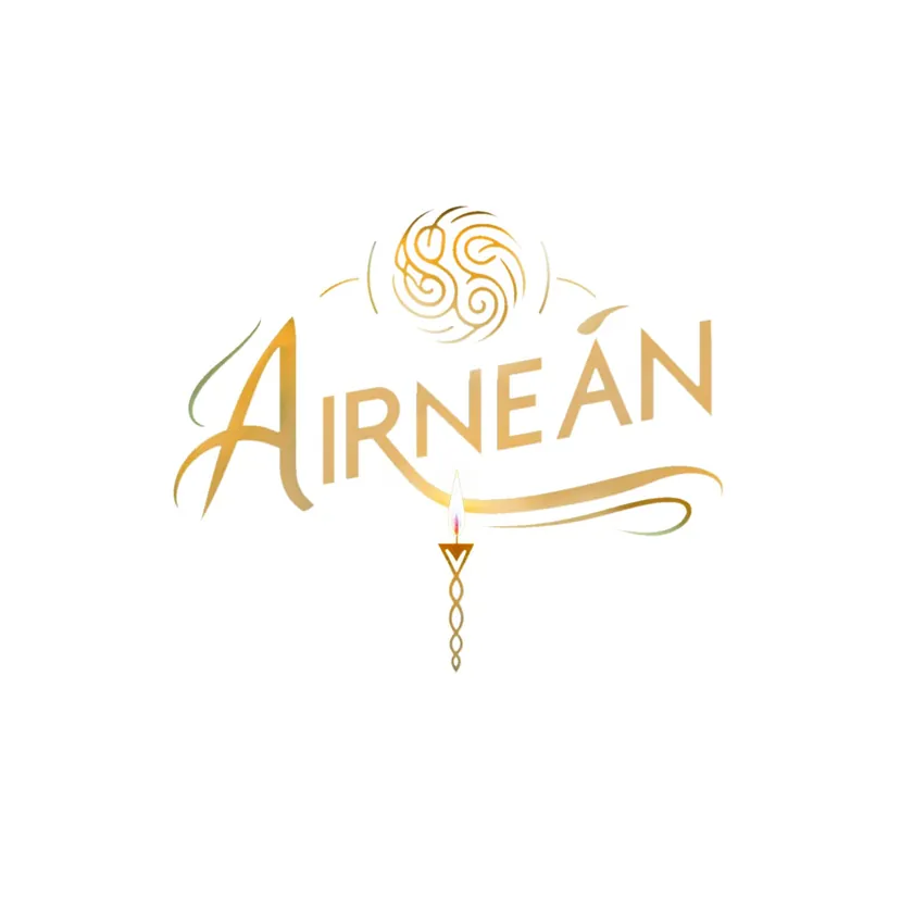 Airneán gold logo on white with a softly lit candle