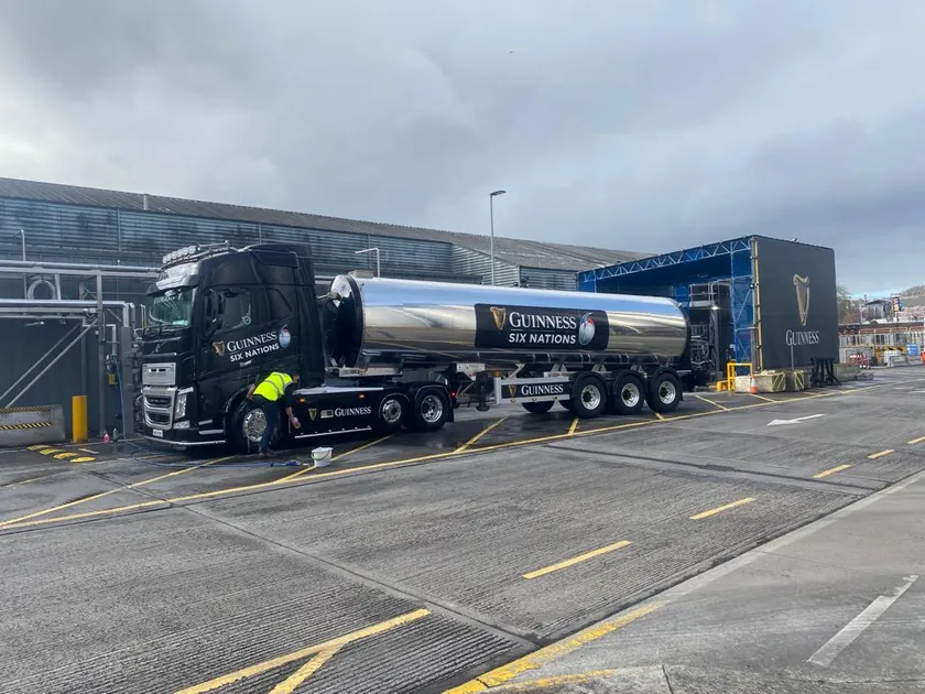 A wider view of the Guinness Six Nations truck and tanker at the brewery