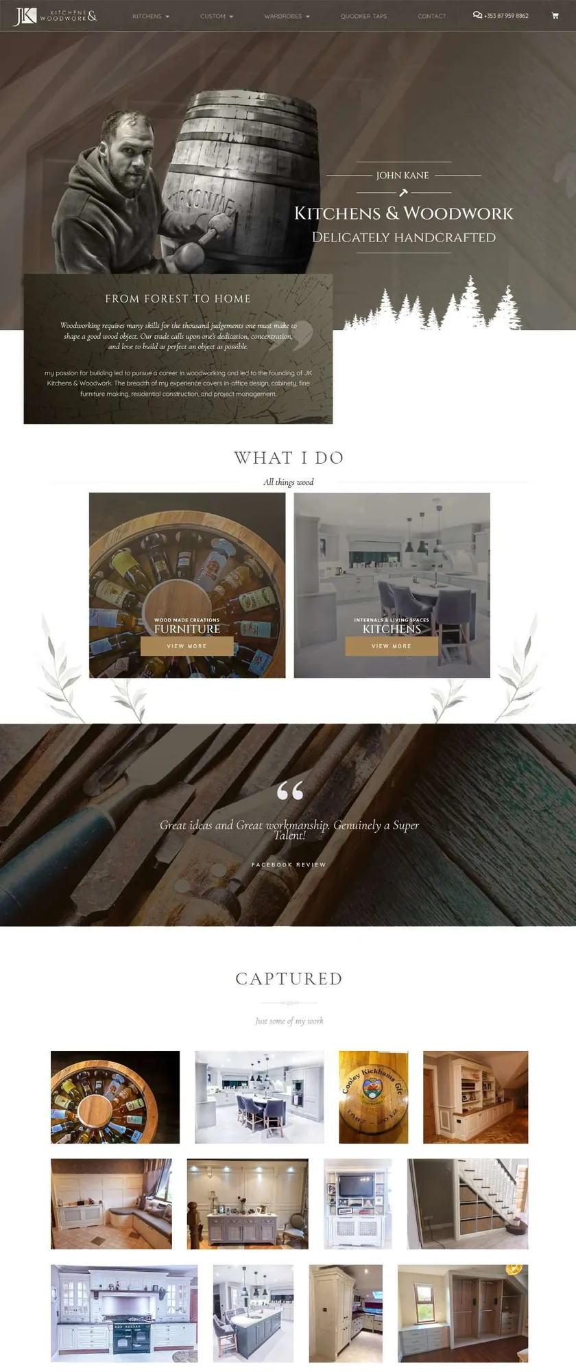 JK Kitchens & Woodwork website with the logo, handcrafted furniture and kitchen galleries