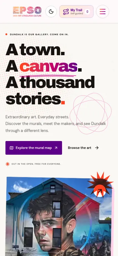EPSO mobile homepage with clear mural map and browse art actions
