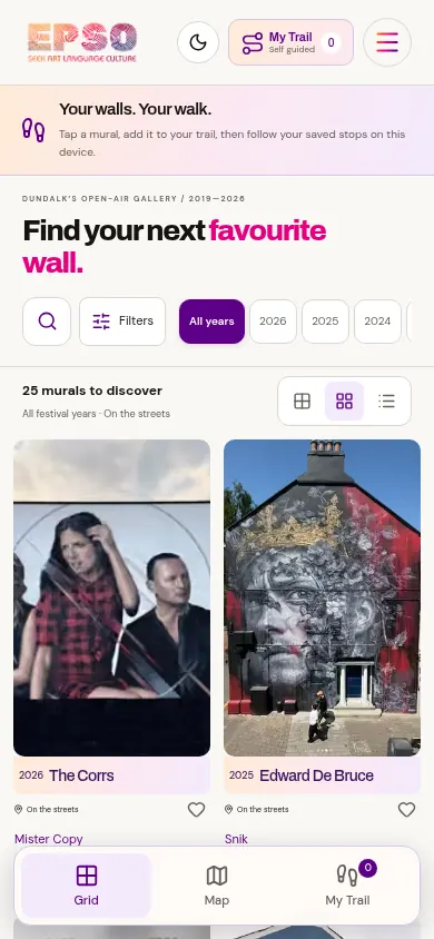 EPSO mobile mural gallery with a bottom navigation bar for grid, map and saved trail