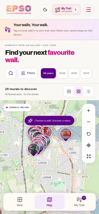 EPSO mobile map with mural markers and the Map option selected in the bottom navigation