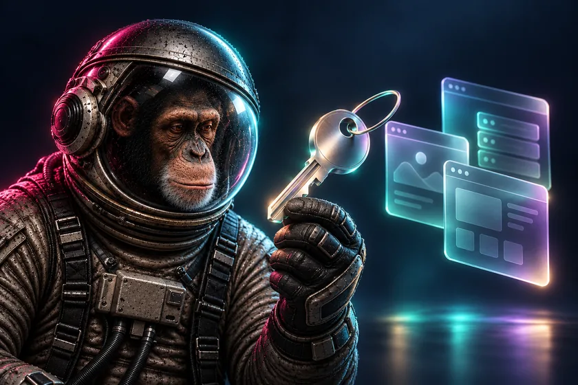 The KAMROK astronaut chimp holding a silver key beside floating website panels.