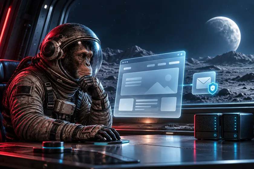 The KAMROK astronaut chimp at a moonlit control desk, watching a website, business email and servers working after hours.