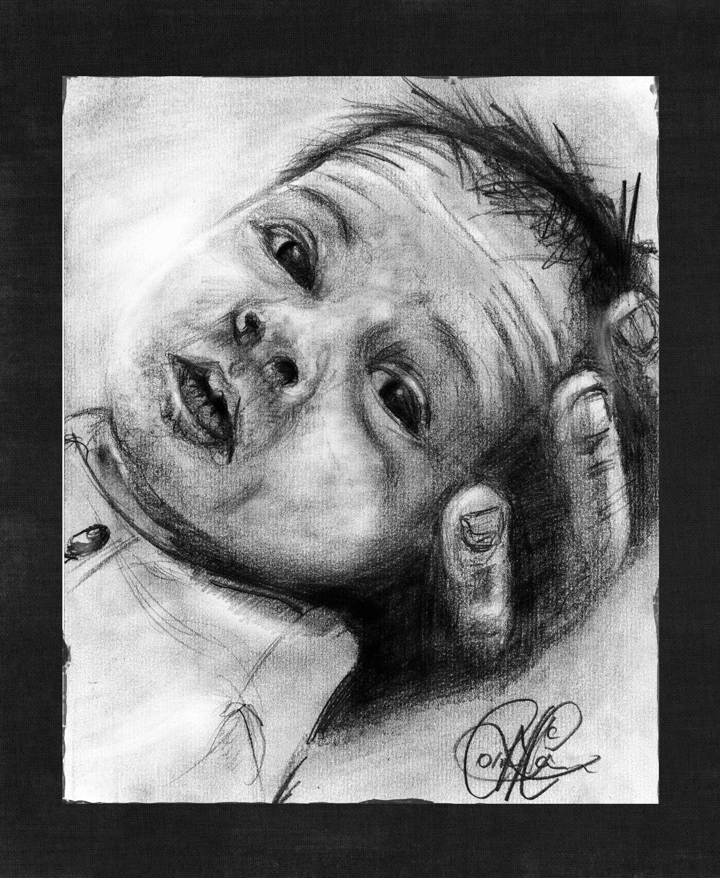A pencil portrait of a young child looking upwards.