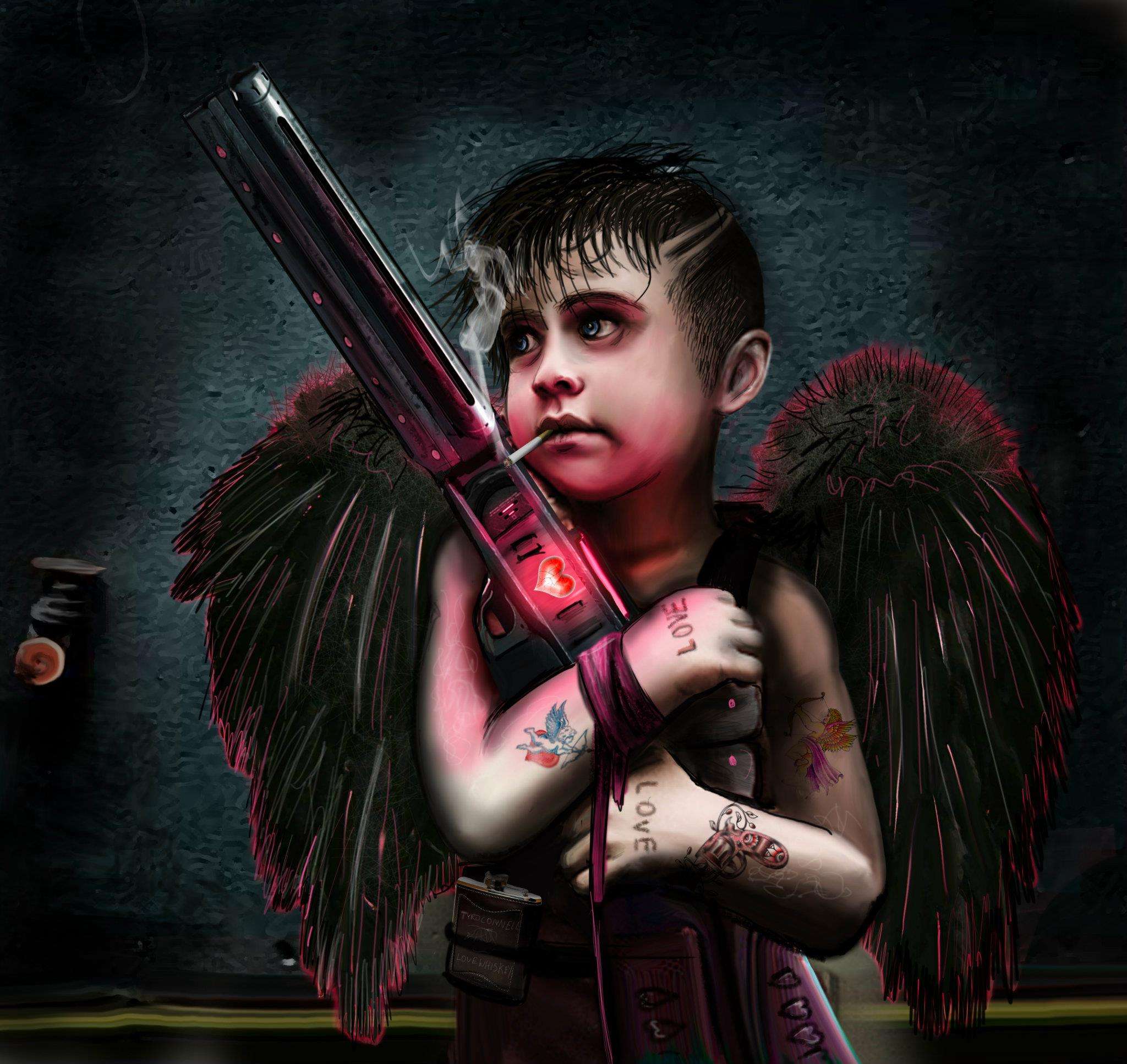 A dark-winged cupid character holding a shotgun against a textured background.