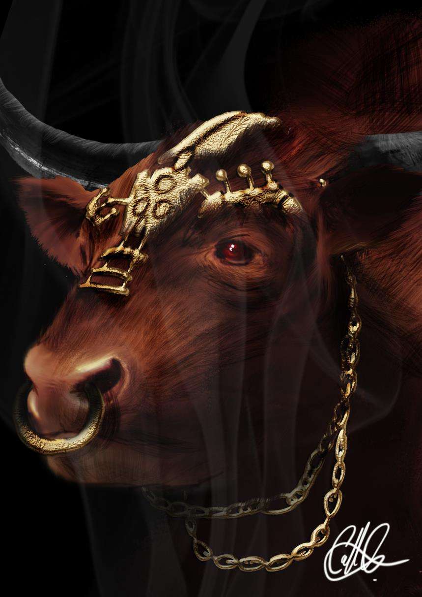 A bull wearing ornate gold headwear, chains and a nose ring.