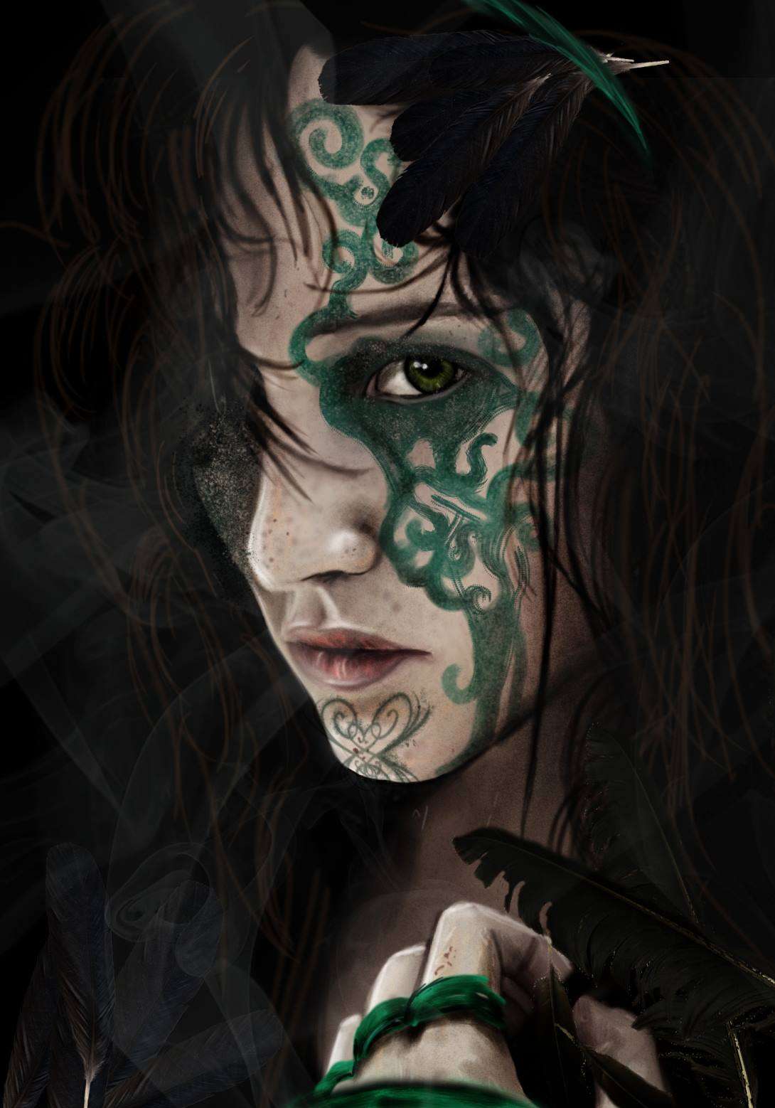 A dark-haired fantasy character with green facial markings and feathers.