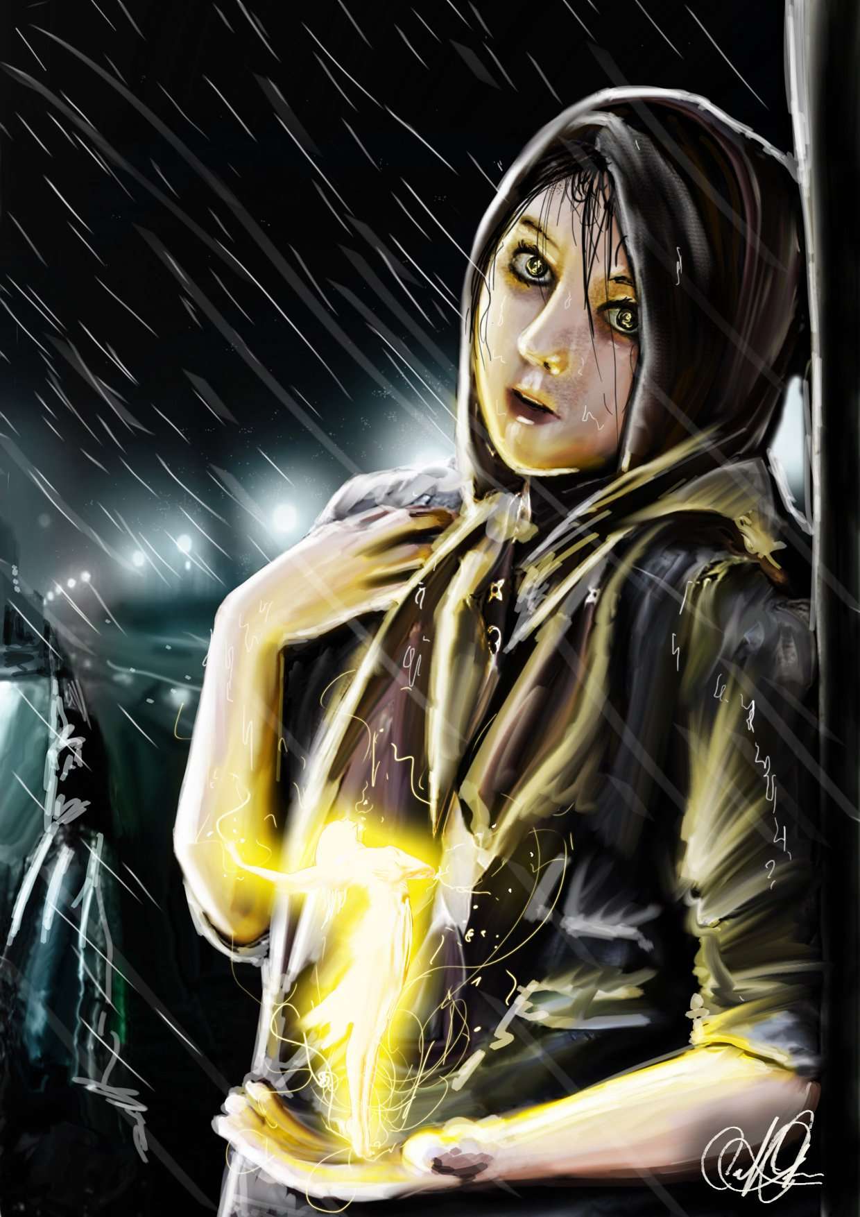 A hooded figure holds a glowing golden light in the rain.