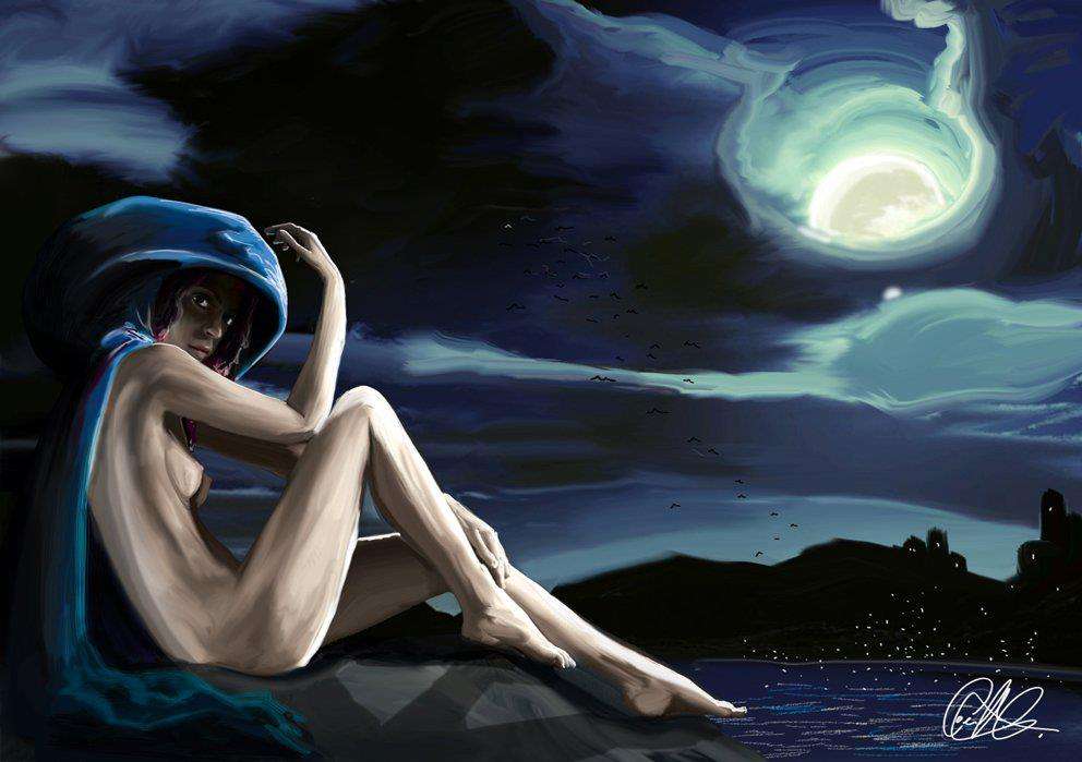 A seated figure in a blue hood beside the water beneath a swirling moonlit sky.