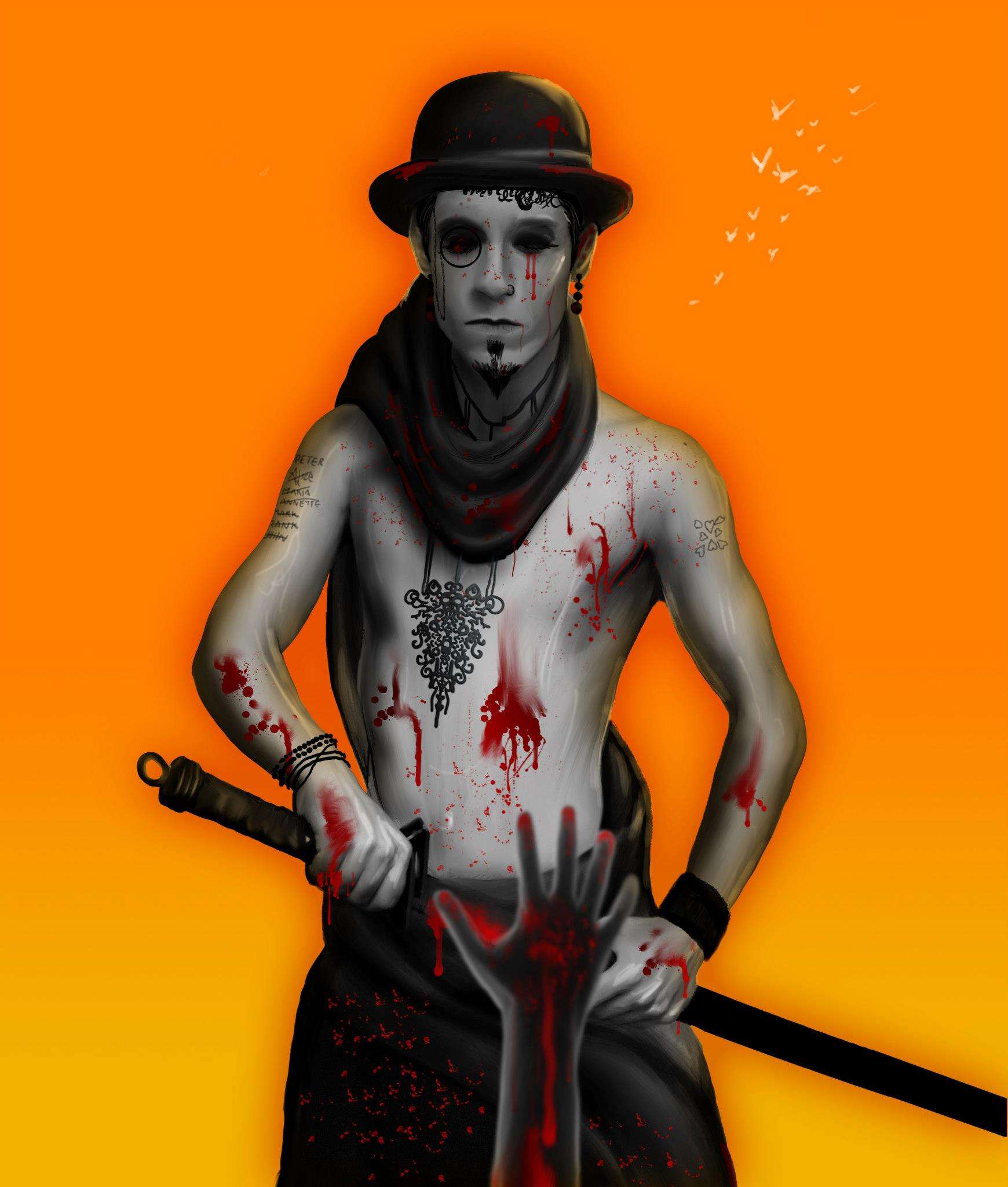 A tattooed character with a bowler hat and sword against a vivid orange background.