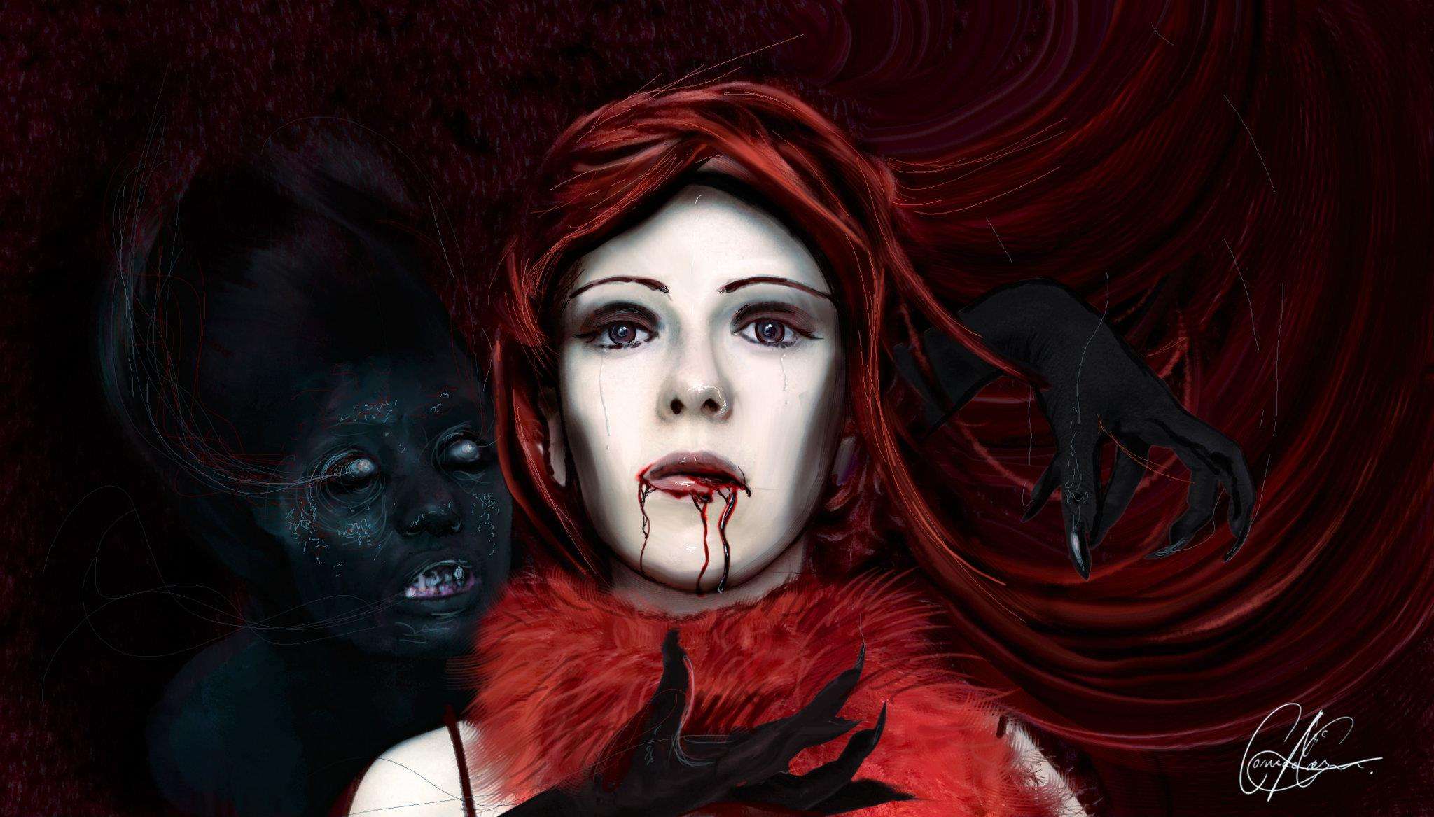 A red-haired vampire with dark figures and reaching hands behind her.