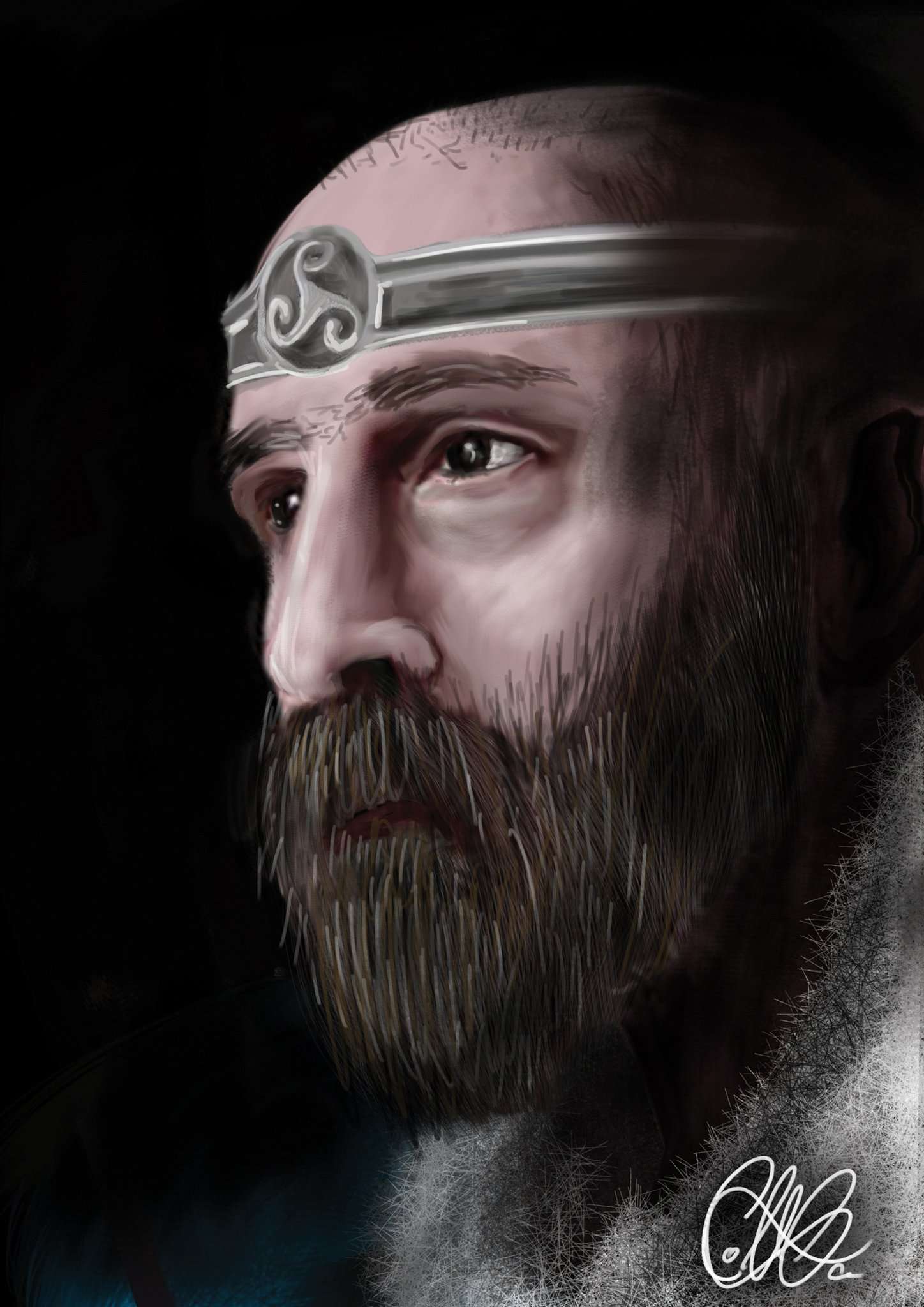 Digital portrait of a bearded man wearing a silver circlet.