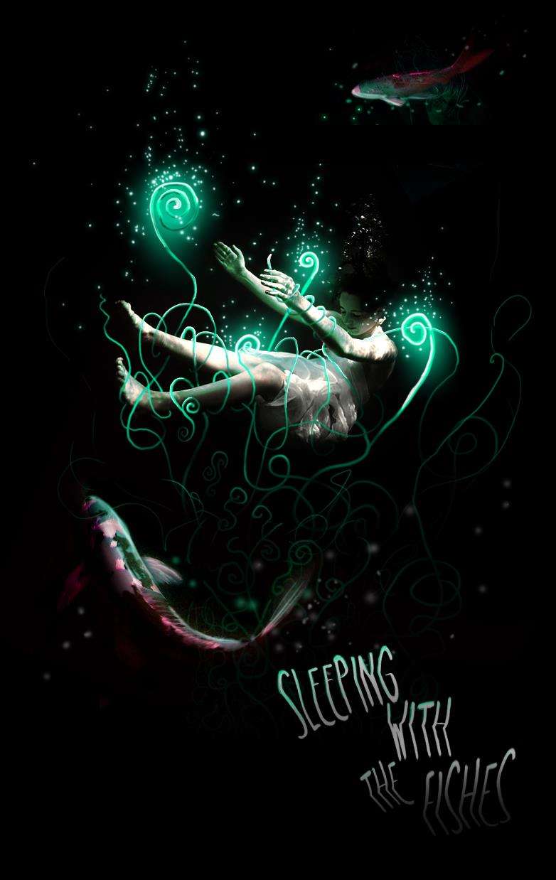 A floating figure surrounded by fish and glowing green spirals.