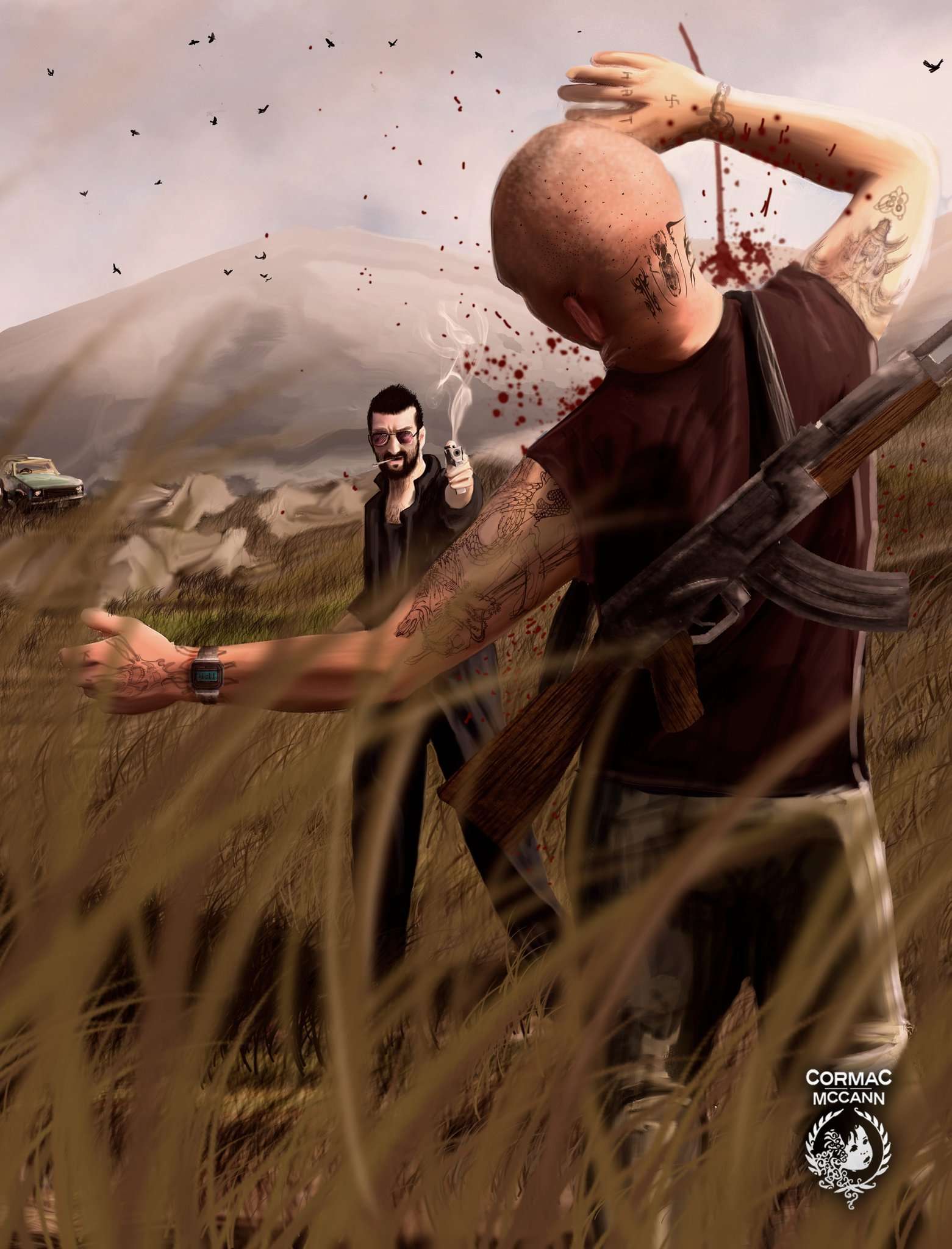 An illustrated action scene with two armed characters in an open landscape.