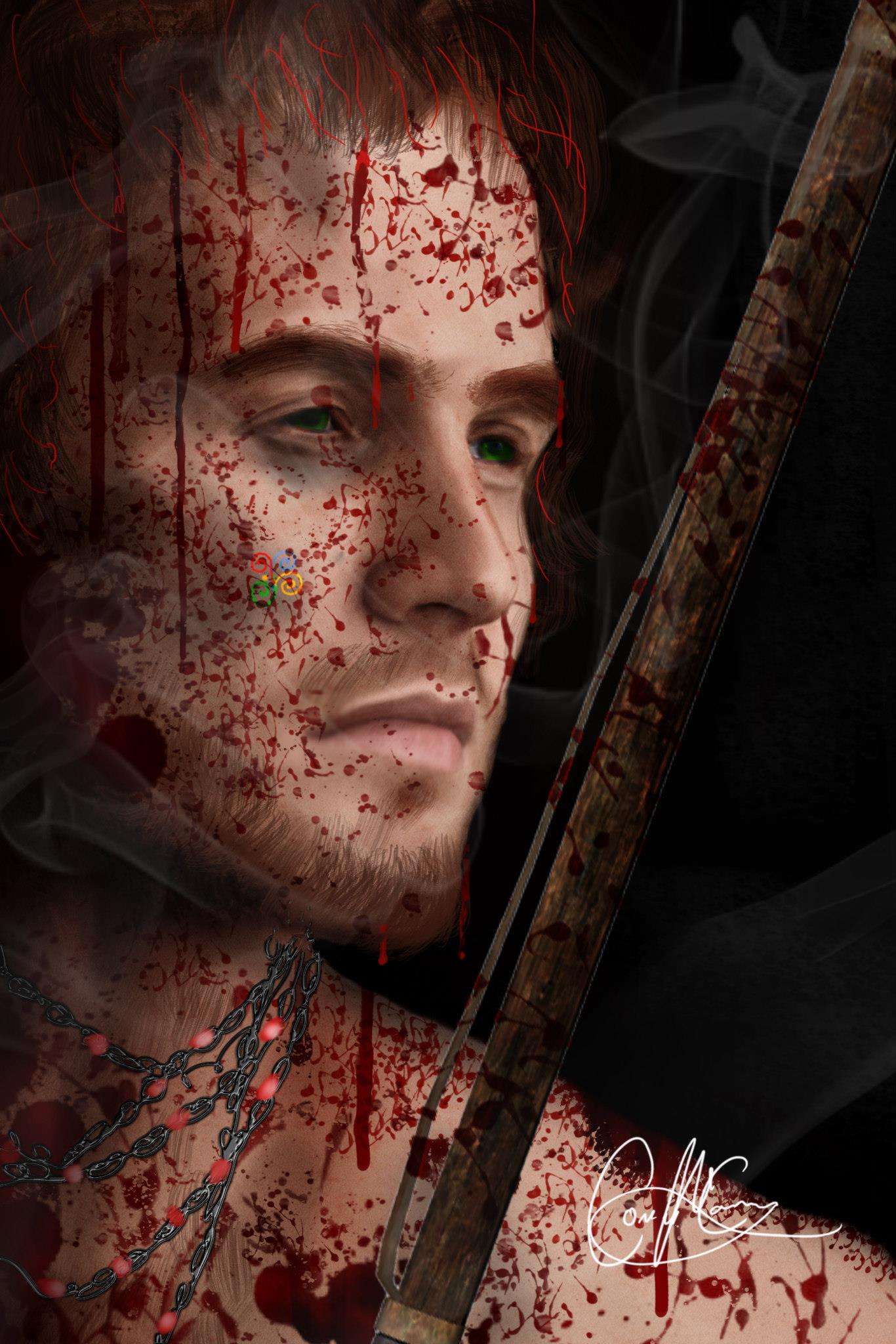 A battle-worn warrior with a blood-spattered face beside a sword.
