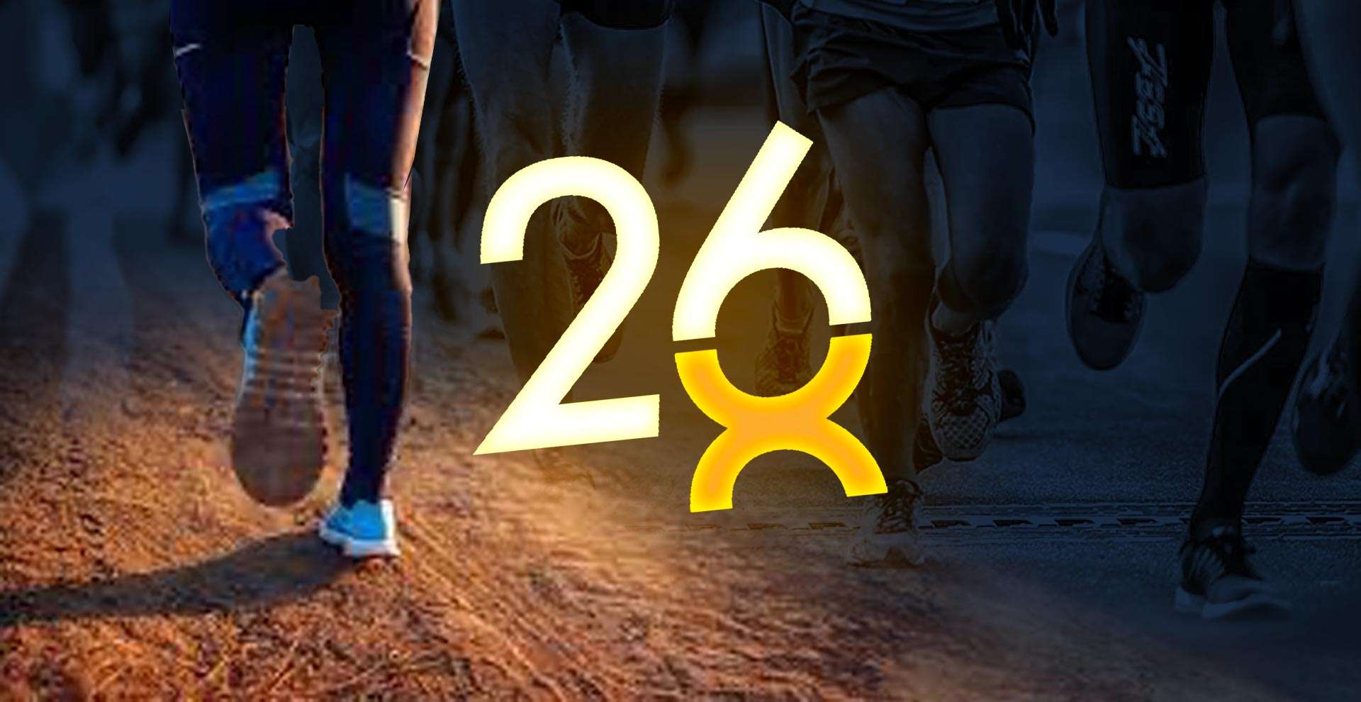 26 Extreme logo glowing yellow over runners on a trail
