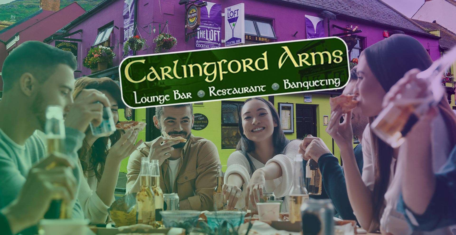 Carlingford Arms logo with the purple pub and outdoor dining