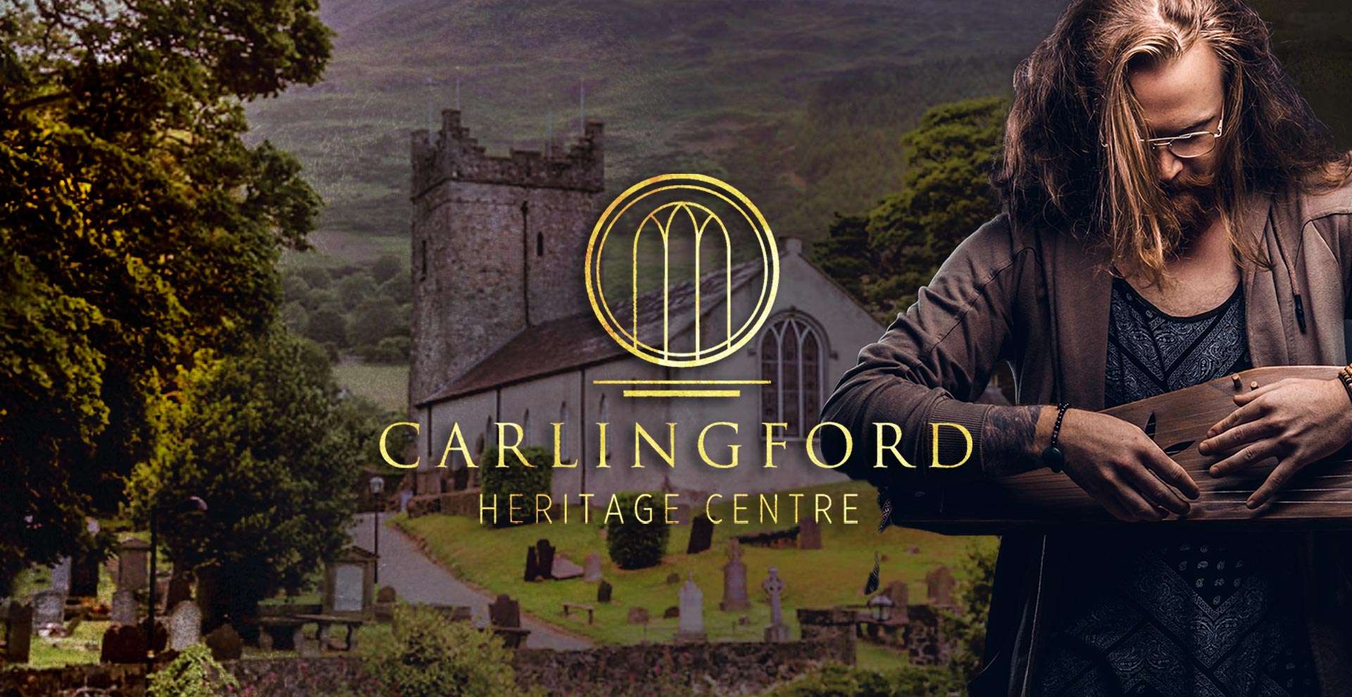 Carlingford Heritage Centre gold logo with the historic church and a musician
