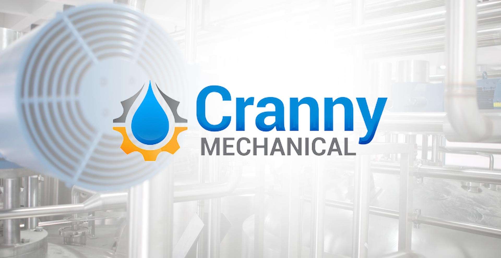 Cranny Mechanical blue drop and gear logo against industrial equipment