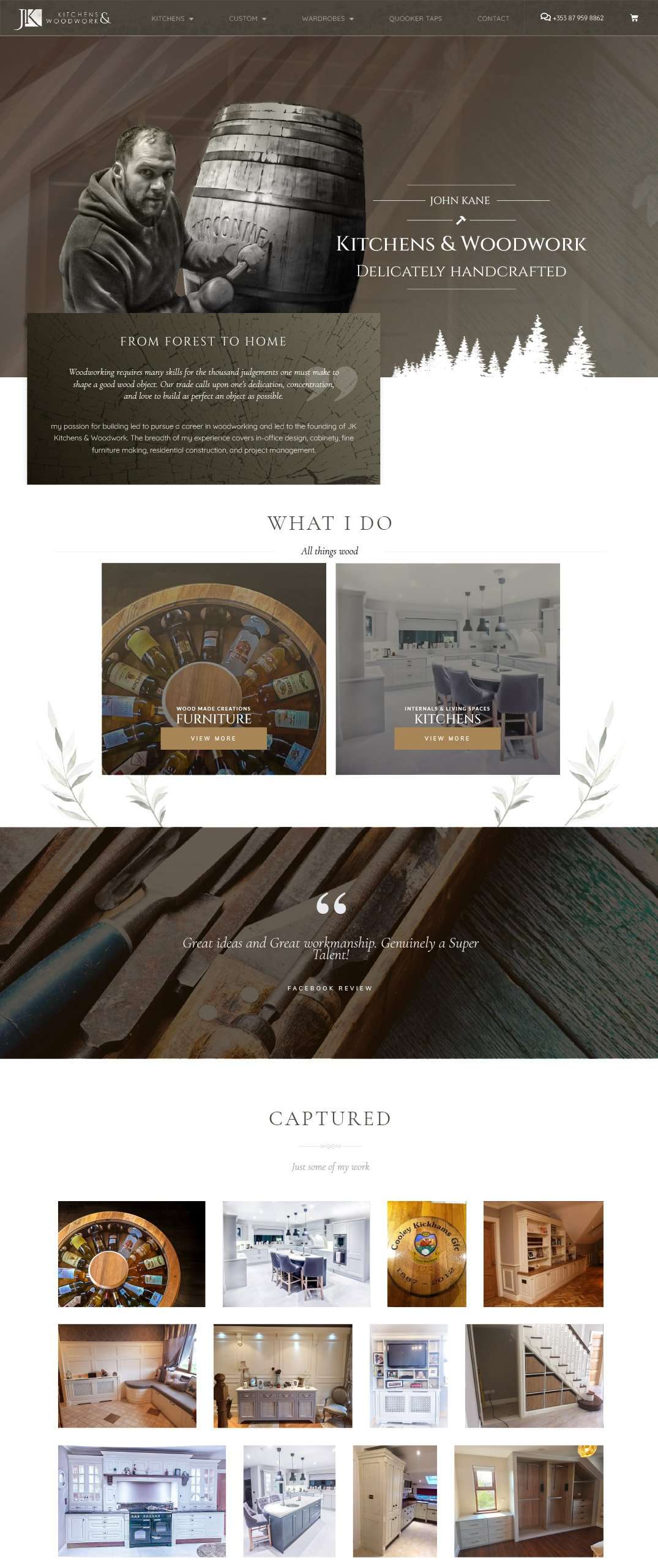 JK Kitchens & Woodwork website with the logo, handcrafted furniture and kitchen galleries