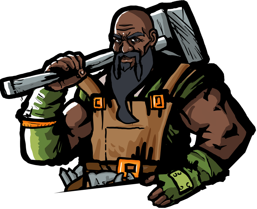 A bearded blacksmith carrying a large hammer over his shoulder.