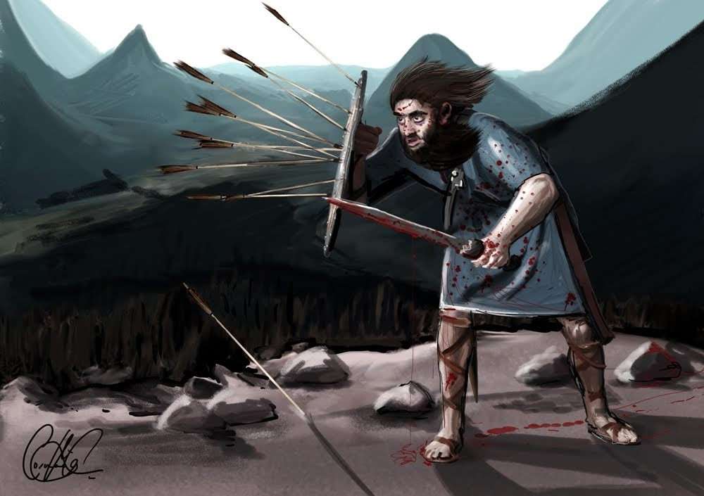 A Viking with a sword and arrow-struck shield in a mountain landscape.