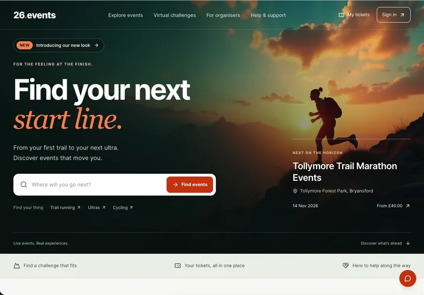 26 Events website showing outdoor event discovery and participant journeys