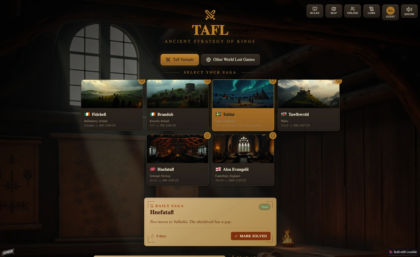TAFL game catalogue with atmospheric settings and a choice of traditional strategy games